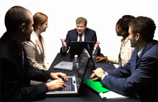 Project management graphic - group meeting around a table.